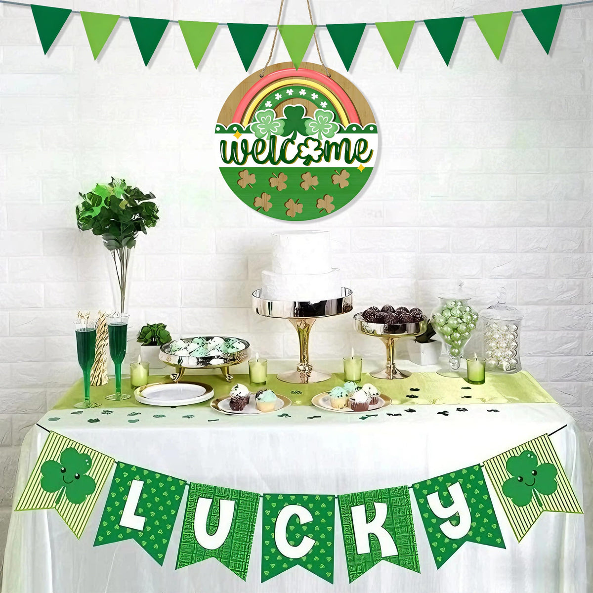 St Patricks Day Rainbow Front Door Sign, Welcome Shamrock Clover Wood Door Hanger Outdoor Outside Porch Decor