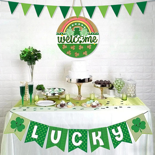 St Patricks Day Rainbow Front Door Sign, Welcome Shamrock Clover Wood Door Hanger Outdoor Outside Porch Decor