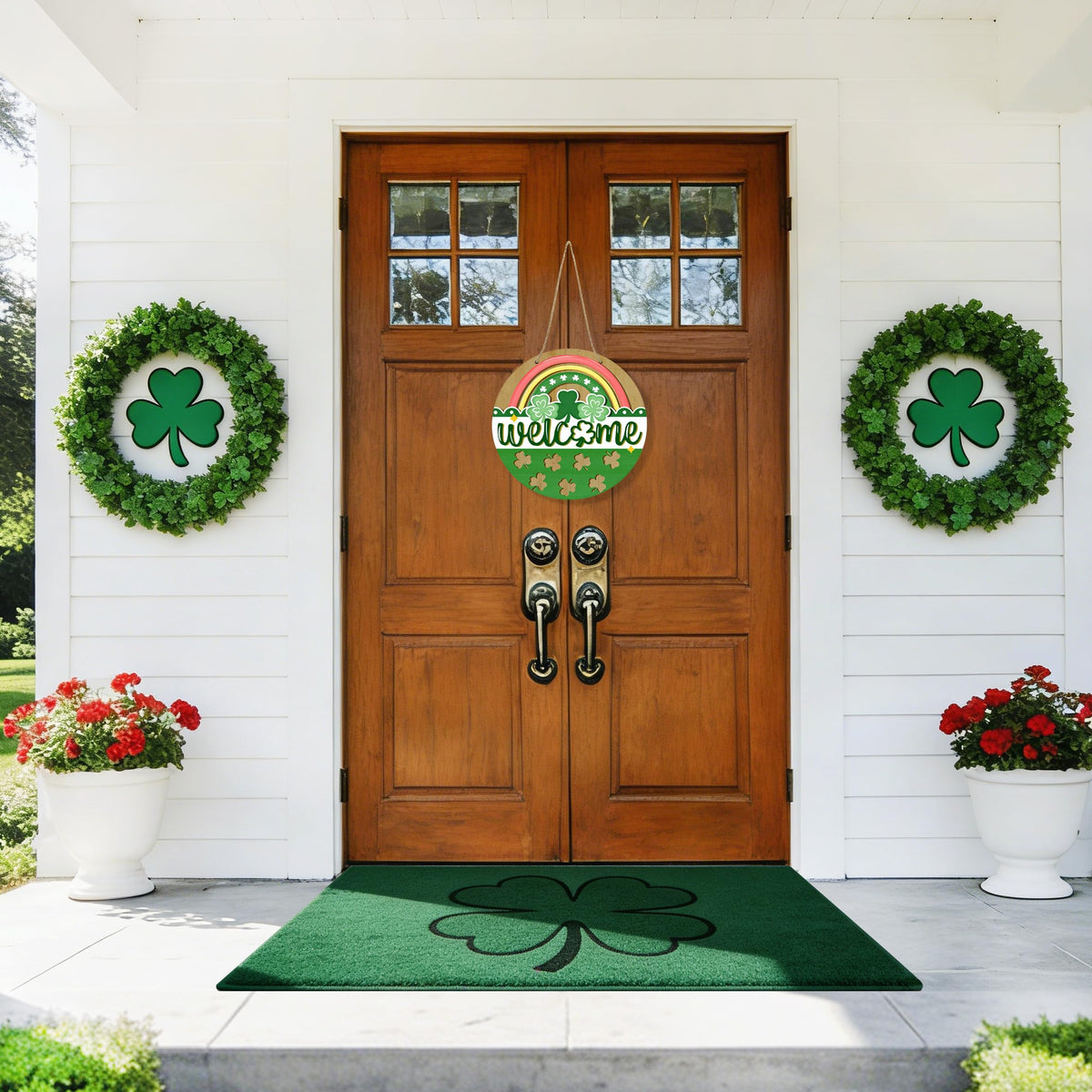 St Patricks Day Rainbow Front Door Sign, Welcome Shamrock Clover Wood Door Hanger Outdoor Outside Porch Decor