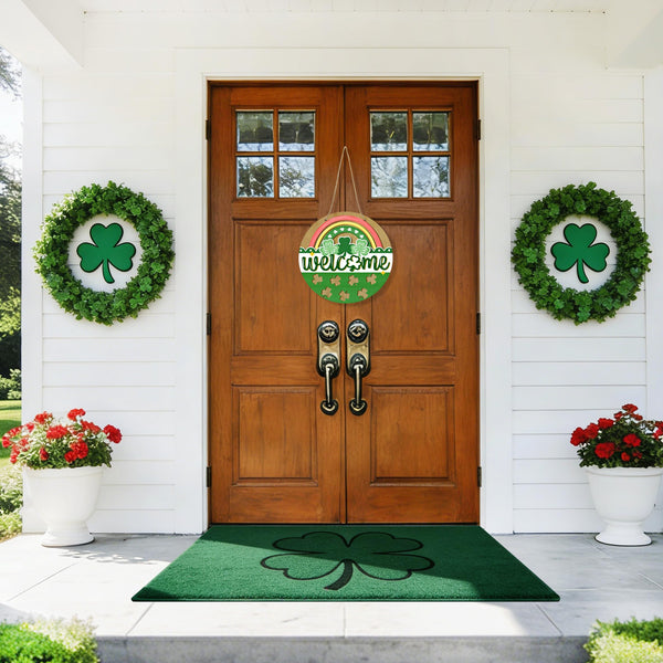 St Patricks Day Rainbow Front Door Sign, Welcome Shamrock Clover Wood Door Hanger Outdoor Outside Porch Decor