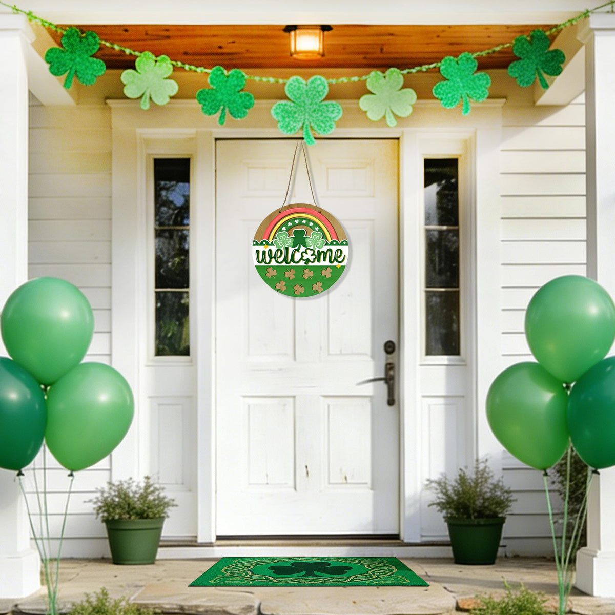 St Patricks Day Rainbow Front Door Sign, Welcome Shamrock Clover Wood Door Hanger Outdoor Outside Porch Decor
