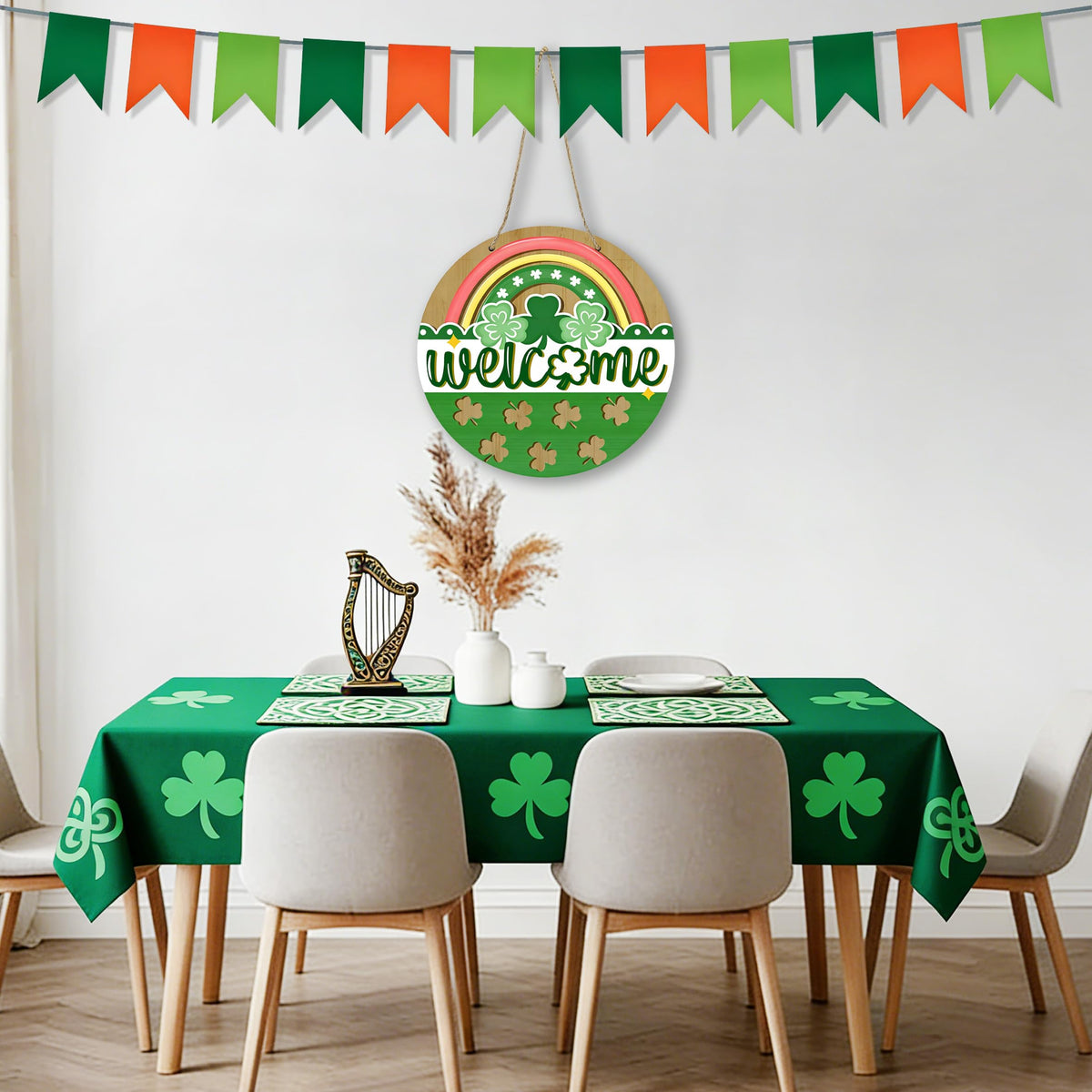 St Patricks Day Rainbow Front Door Sign, Welcome Shamrock Clover Wood Door Hanger Outdoor Outside Porch Decor