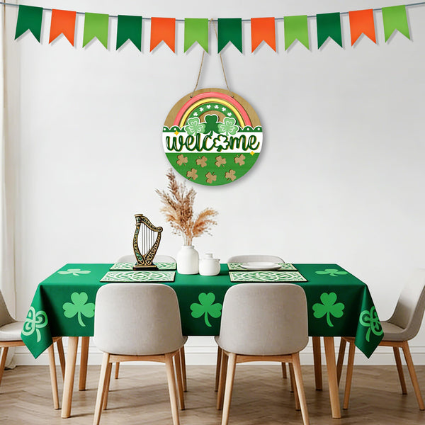 St Patricks Day Rainbow Front Door Sign, Welcome Shamrock Clover Wood Door Hanger Outdoor Outside Porch Decor