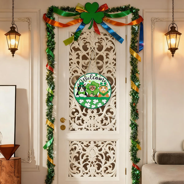 Welcome St Patricks Day Decor, St. Patrick's Day Front Door Sign, Green Shamrock Spring Wooden Wreath Hanging Wall Decor