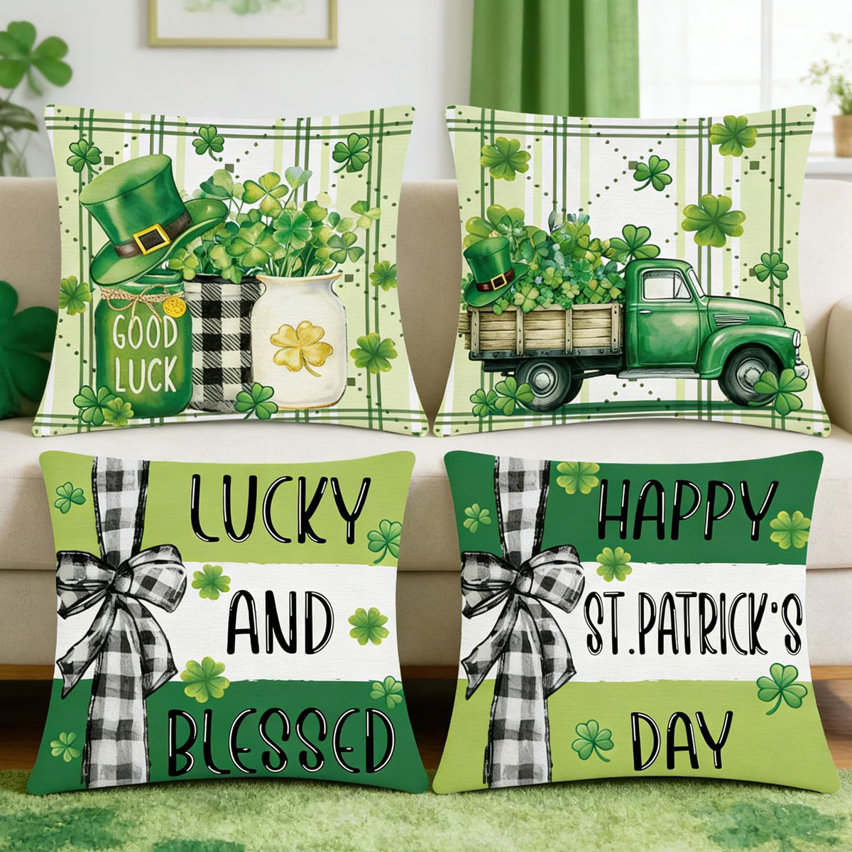 St Patricks Day Throw Pillow Covers 18x18, 4PCS Shamrock Lucky and Blessed