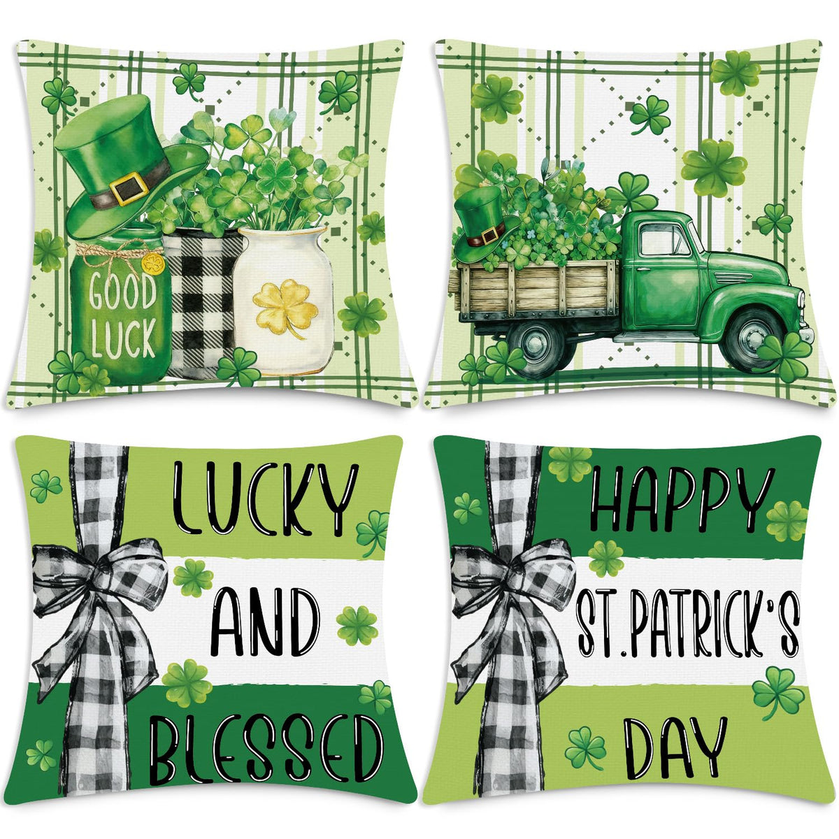 St Patricks Day Throw Pillow Covers 18x18, 4PCS Shamrock Lucky and Blessed