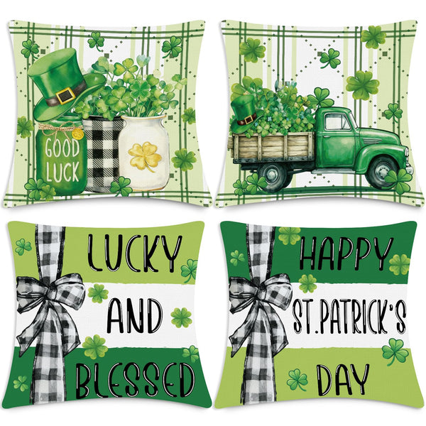 St Patricks Day Throw Pillow Covers 18x18, 4PCS Shamrock Lucky and Blessed