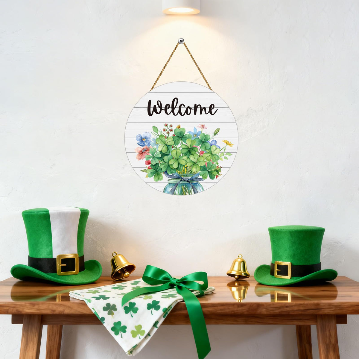 St Patricks Day Wreath St Patricks Day Door Decorations Shamrock Flowers Grass Mason Jar Door Sign