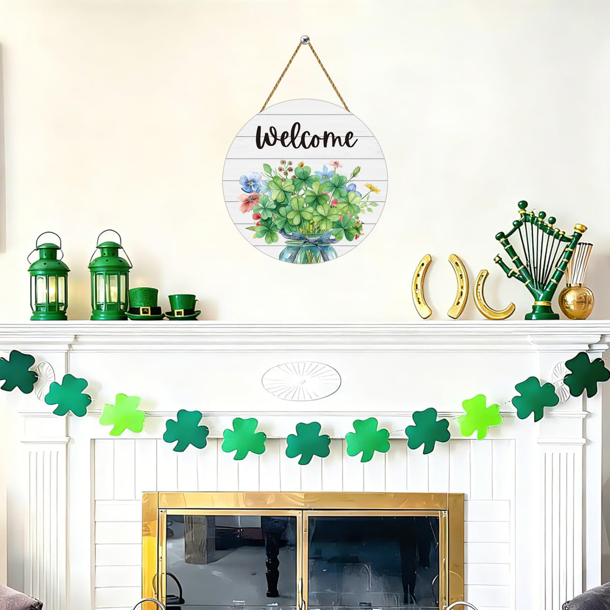 St Patricks Day Wreath St Patricks Day Door Decorations Shamrock Flowers Grass Mason Jar Door Sign