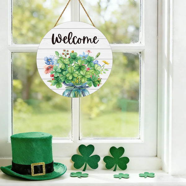 St Patricks Day Wreath St Patricks Day Door Decorations Shamrock Flowers Grass Mason Jar Door Sign