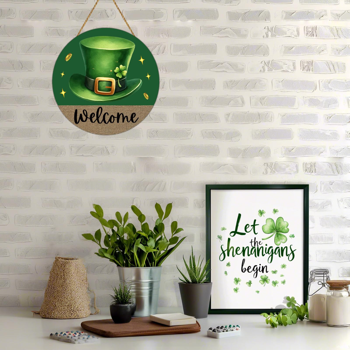 St Patricks Day Wreath St Patricks Day Door Decorations Leprechaun Hat Hanging Decor Wooden Wreaths for Front Door