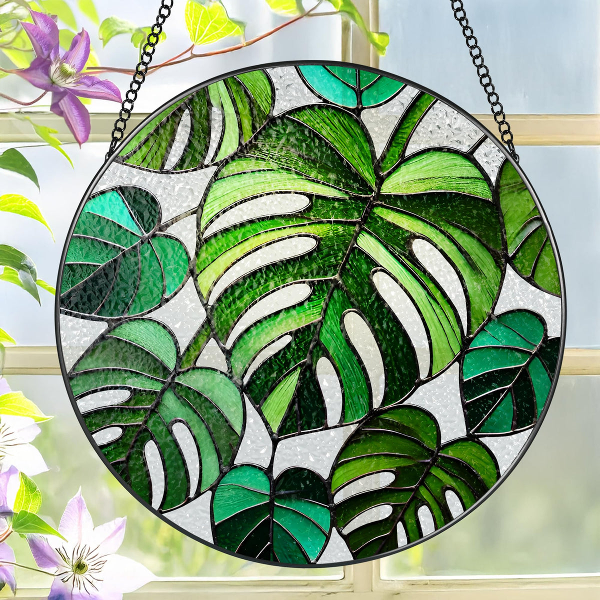 Stained Glass Window Hanging, 8 Inch Monstera Plant Stained Glass Suncatcher, Plant Sun Catcher, Plant Lover Decor