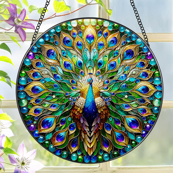 Stained Glass Window Hanging, 8'' Peacock Suncatcher, Stained Glass Ornament