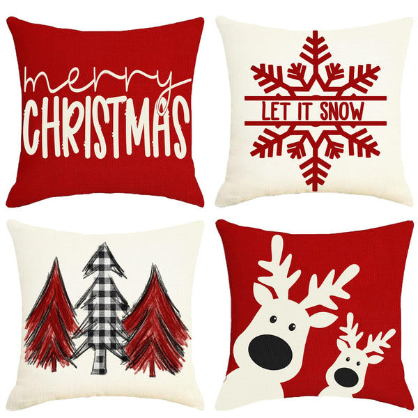 Christmas Pillow Covers 18x18 Set Of 4, Christmas Farmhouse Decoration Holiday Winter Throw Pillow Covers, Red Snowflake