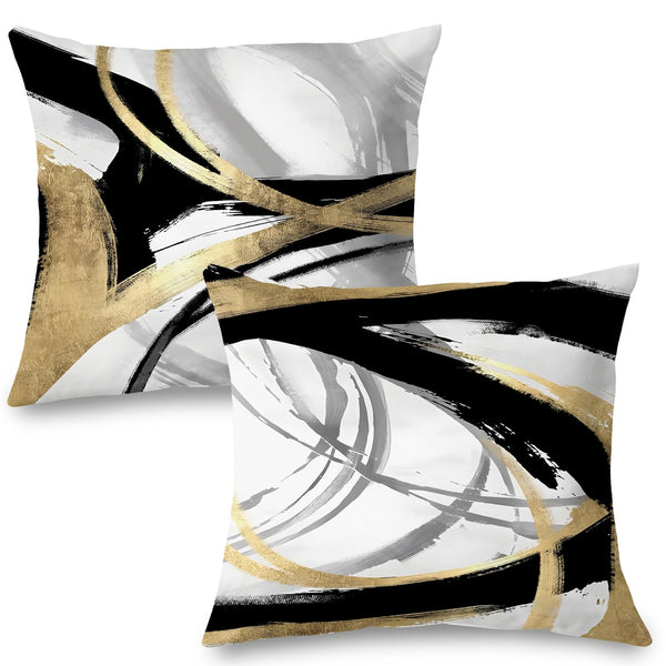 Black White and Gold Pillow Covers, Abstract Black and Gold Pillow Covers 18x18 Set of 2