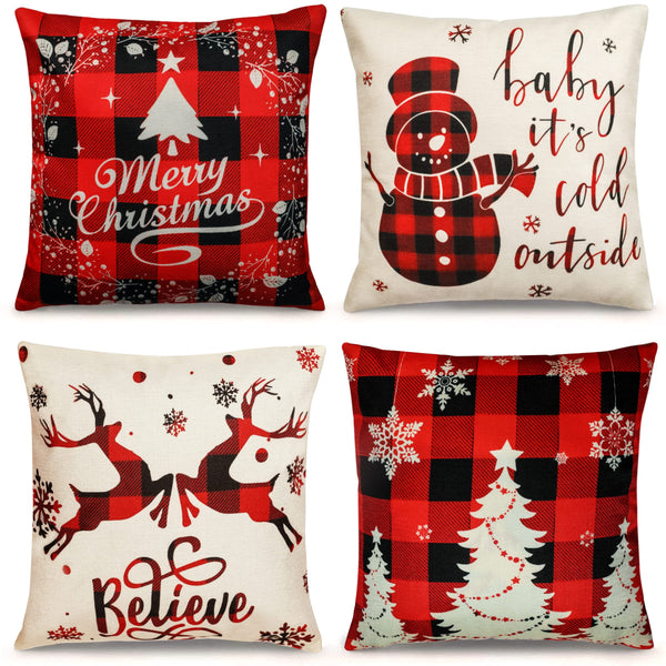 Farmhouse Christmas Pillow Covers - 18x18 Inch Set of 4, Sofa Couch Decorations