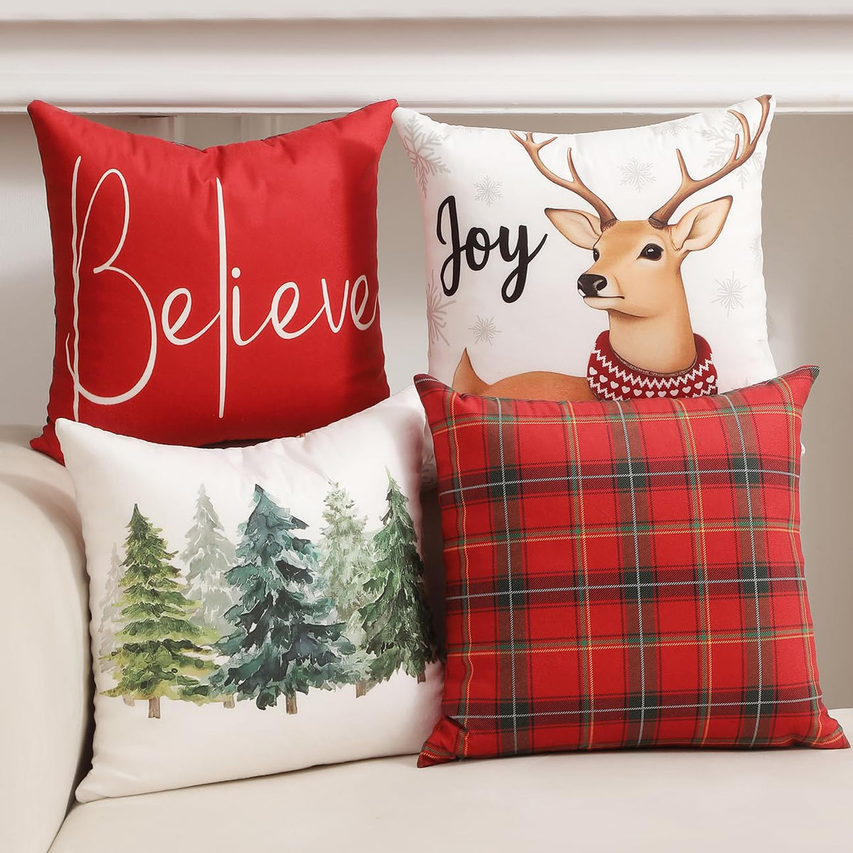 Christmas Decorations, Single Sided Red Plaid Throw Pillow Covers 18x18 Inches Set of 4, Christmas Tree, Snowflakes
