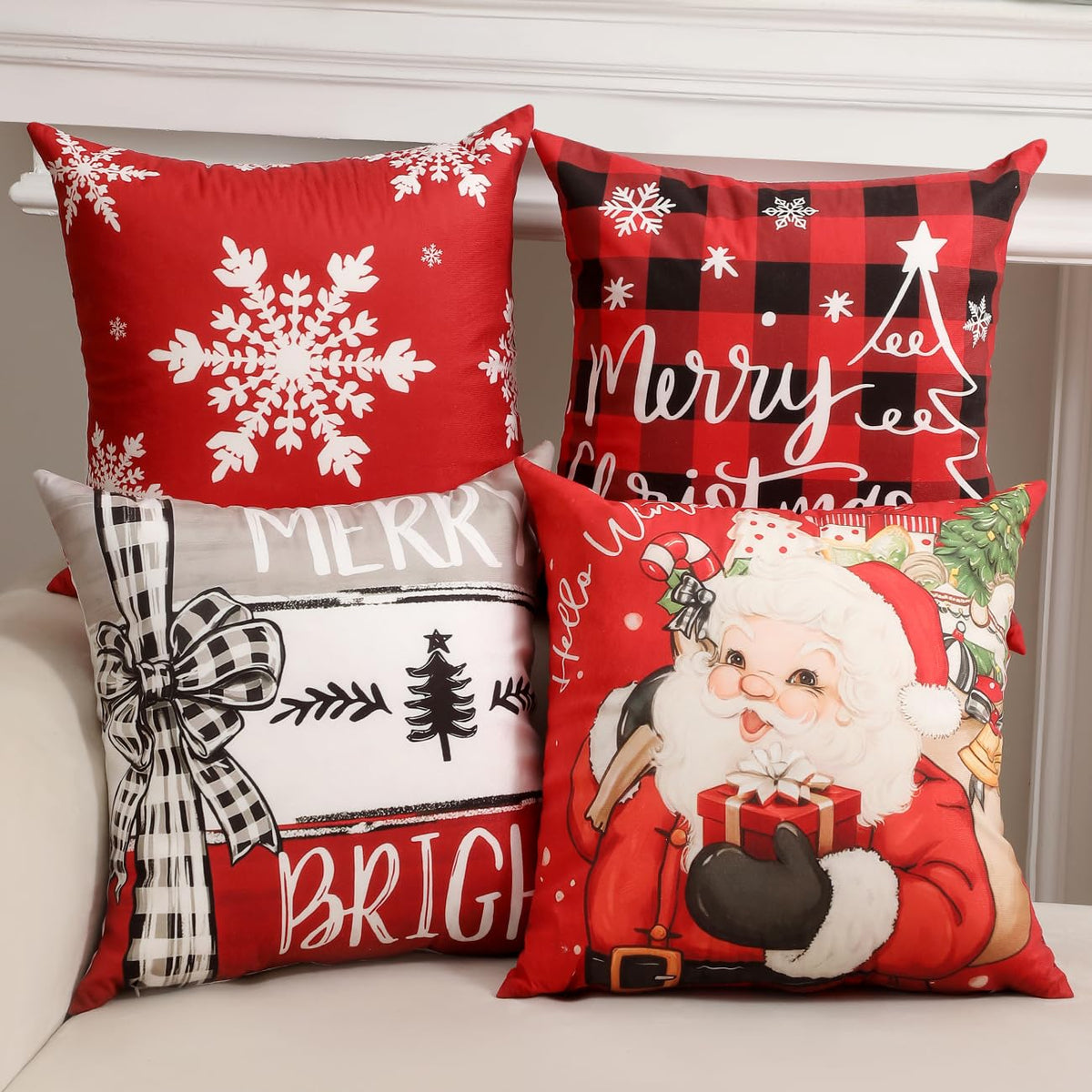 Throw Pillow Covers 18x18 Inches Set of 4, Christmas Tree, Snowflakes, Merry Christmas, Snowman Reindeer