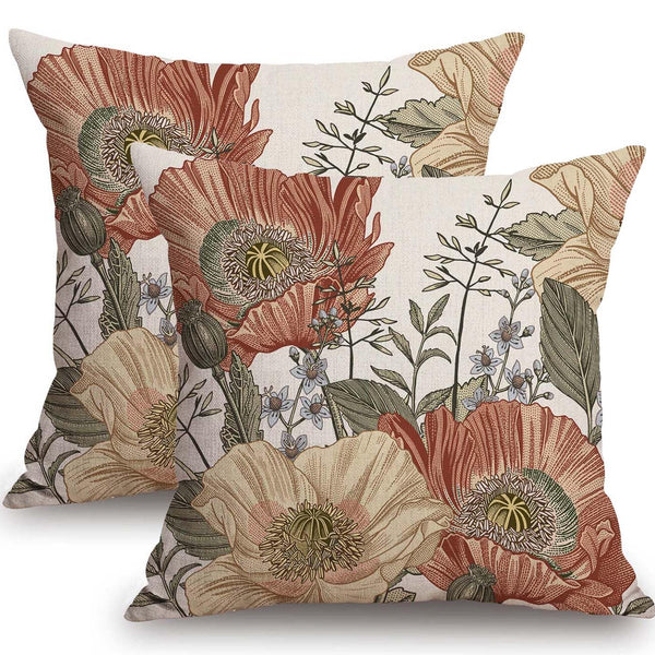 Vintage Flower Throw Pillow Covers 18x18 Brown Rust Colored Floral Botanical Pattern