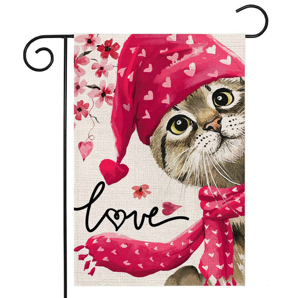 Valentines Day Love Cat Garden Flag 12x18 Single-Side,Watercolor Cat with Hat Scarf Sakura Small Yard Flag