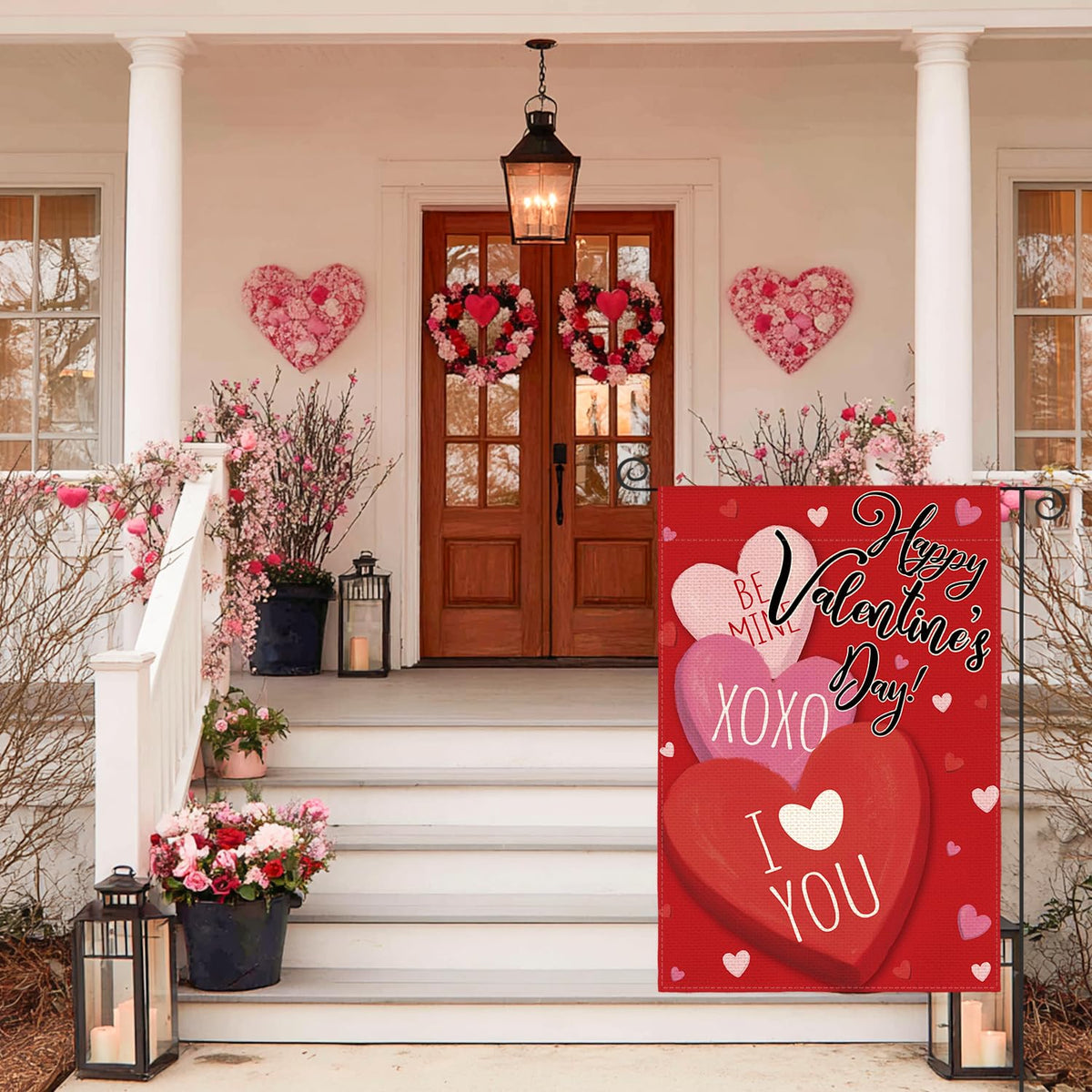 Happy Valentines Day Garden Flag 12x18 Inch Single-Side, Candy Love Hearts Rustic Anniversary Yard Flag