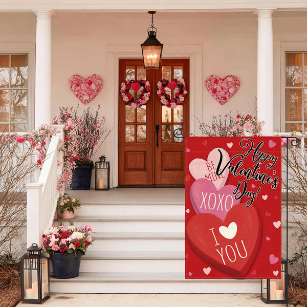 Happy Valentines Day Garden Flag 12x18 Inch Single-Side, Candy Love Hearts Rustic Anniversary Yard Flag