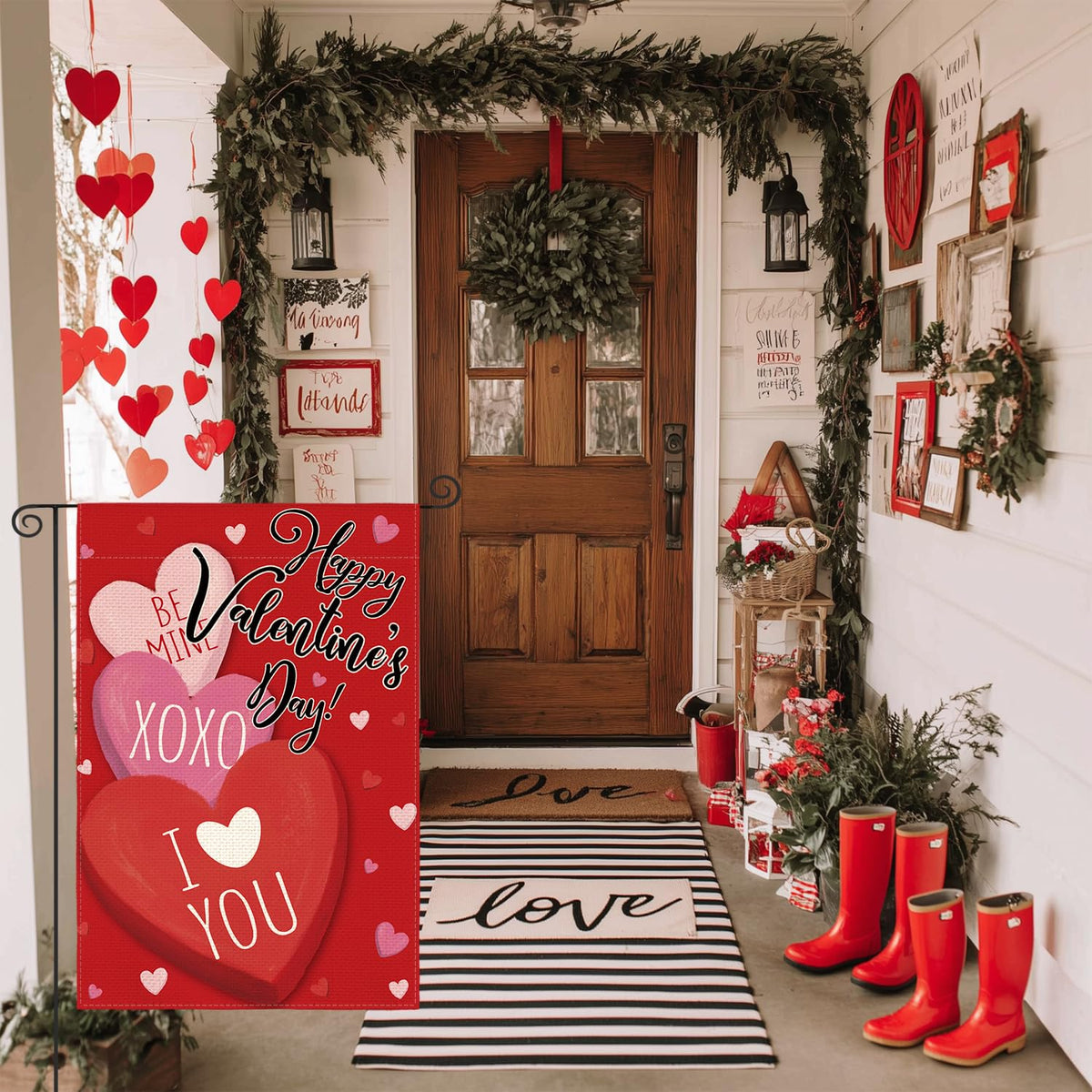 Happy Valentines Day Garden Flag 12x18 Inch Single-Side, Candy Love Hearts Rustic Anniversary Yard Flag