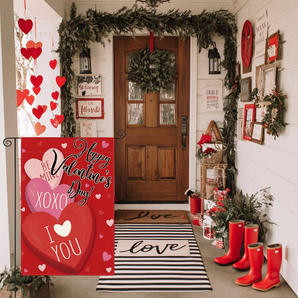 Happy Valentines Day Garden Flag 12x18 Inch Single-Side, Candy Love Hearts Rustic Anniversary Yard Flag