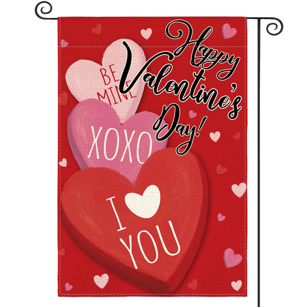 Happy Valentines Day Garden Flag 12x18 Inch Single-Side, Candy Love Hearts Rustic Anniversary Yard Flag