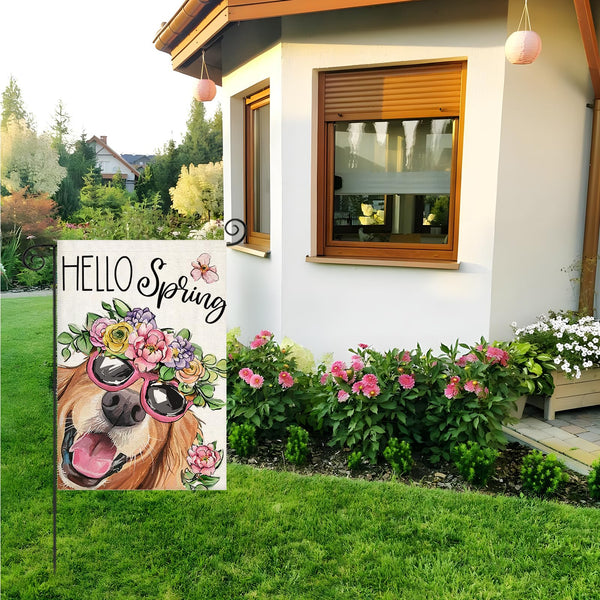 Hello Spring Garden Flags for Outside 12x18 Inch Single-Side, Dog with Flowers Hat Small Yard Decoration