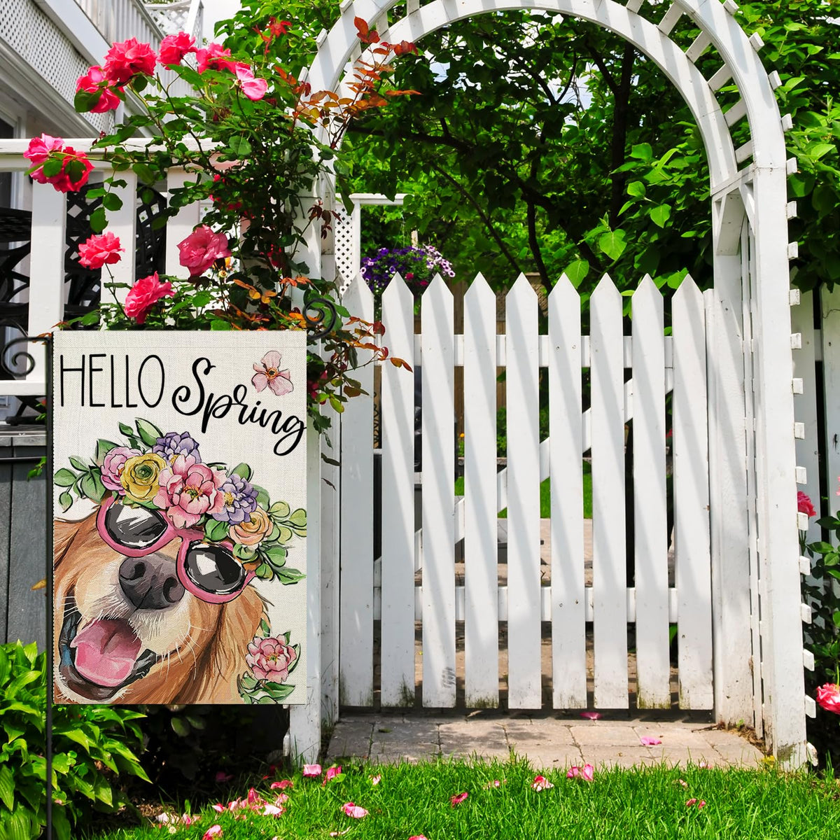 Hello Spring Garden Flags for Outside 12x18 Inch Single-Side, Dog with Flowers Hat Small Yard Decoration
