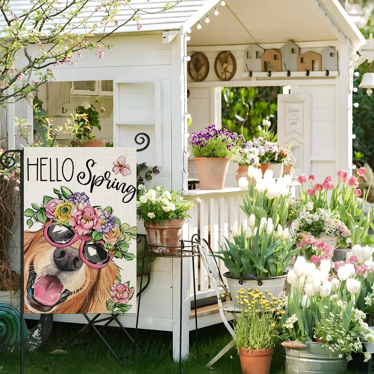 Hello Spring Garden Flags for Outside 12x18 Inch Single-Side, Dog with Flowers Hat Small Yard Decoration