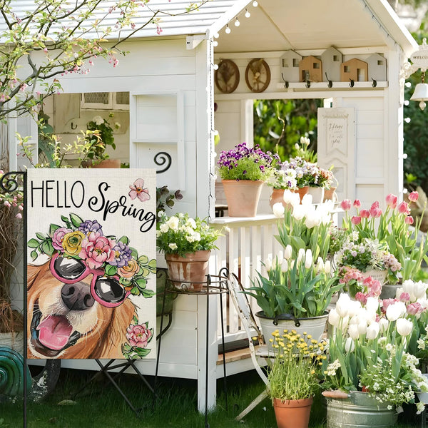 Hello Spring Garden Flags for Outside 12x18 Inch Single-Side, Dog with Flowers Hat Small Yard Decoration