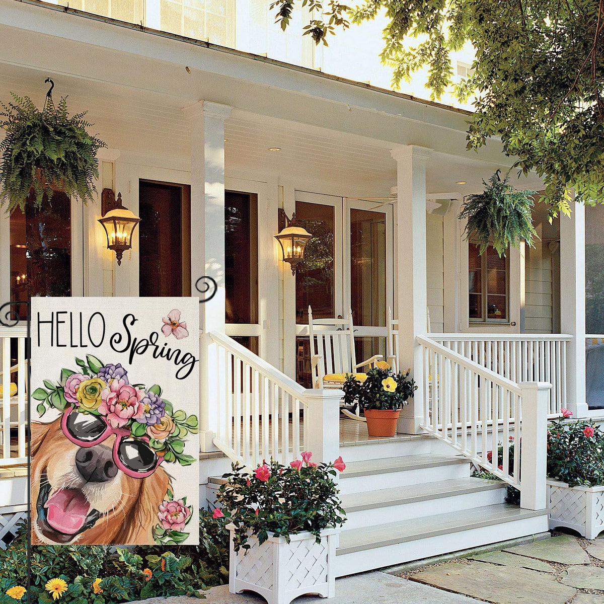 Hello Spring Garden Flags for Outside 12x18 Inch Single-Side, Dog with Flowers Hat Small Yard Decoration