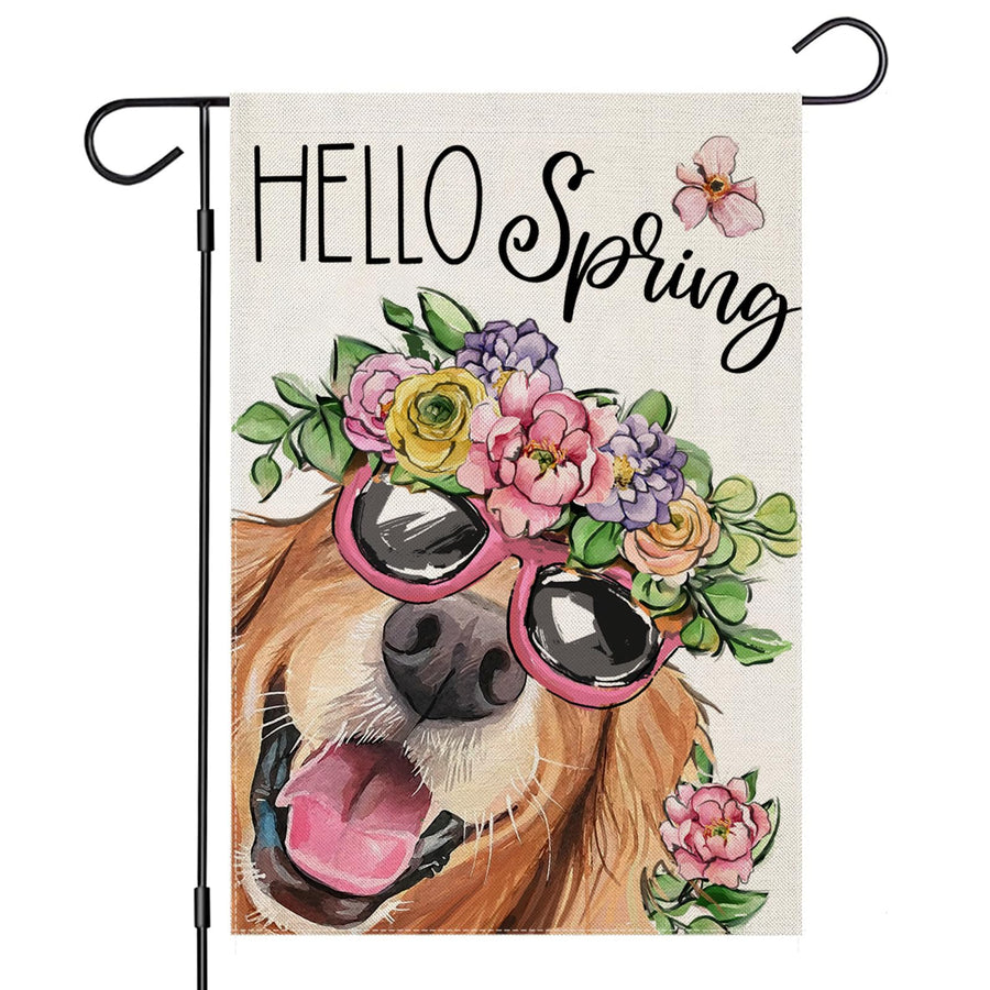 Hello Spring Garden Flags for Outside 12x18 Inch Single-Side, Dog with Flowers Hat Small Yard Decoration