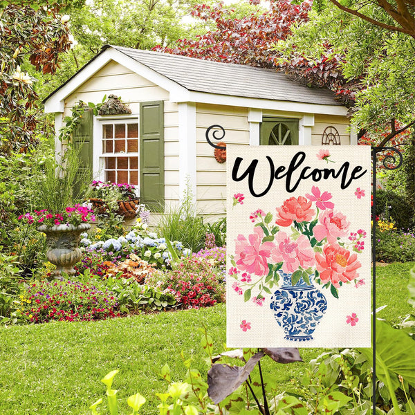 Pink Peony Spring Floral Garden Flag 12x18 Inch 1-Side Outside, Blue and White Chinoiserie Seasonal Yard Flag