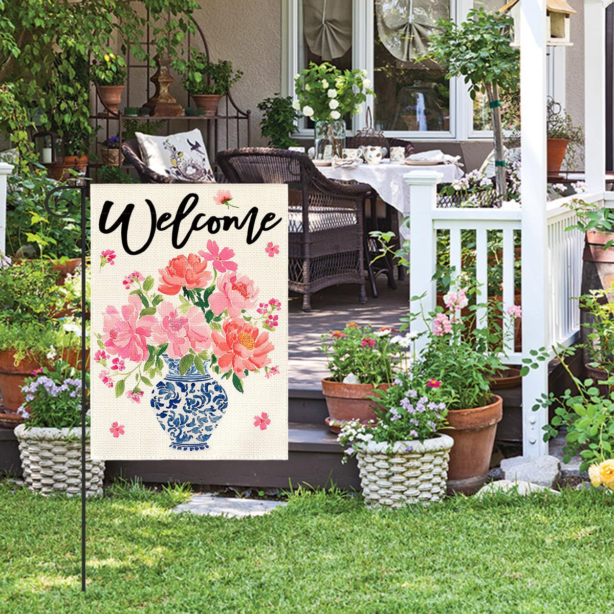 Pink Peony Spring Floral Garden Flag 12x18 Inch 1-Side Outside, Blue and White Chinoiserie Seasonal Yard Flag