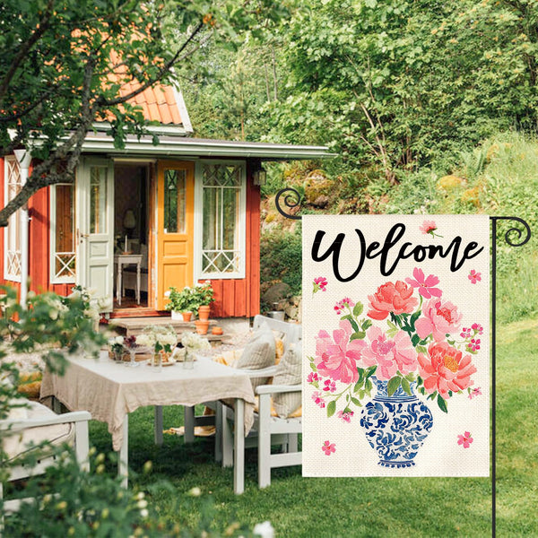 Pink Peony Spring Floral Garden Flag 12x18 Inch 1-Side Outside, Blue and White Chinoiserie Seasonal Yard Flag
