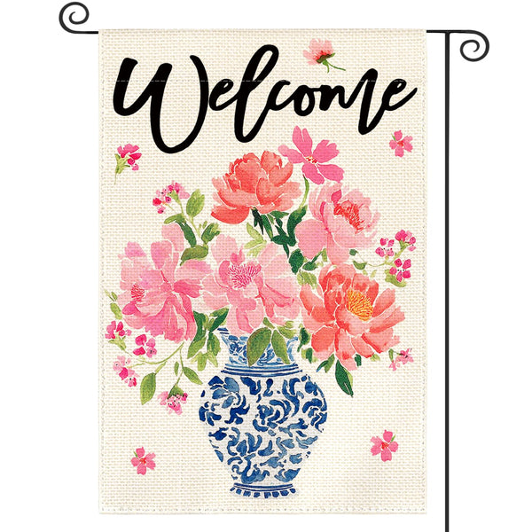 Pink Peony Spring Floral Garden Flag 12x18 Inch 1-Side Outside, Blue and White Chinoiserie Seasonal Yard Flag