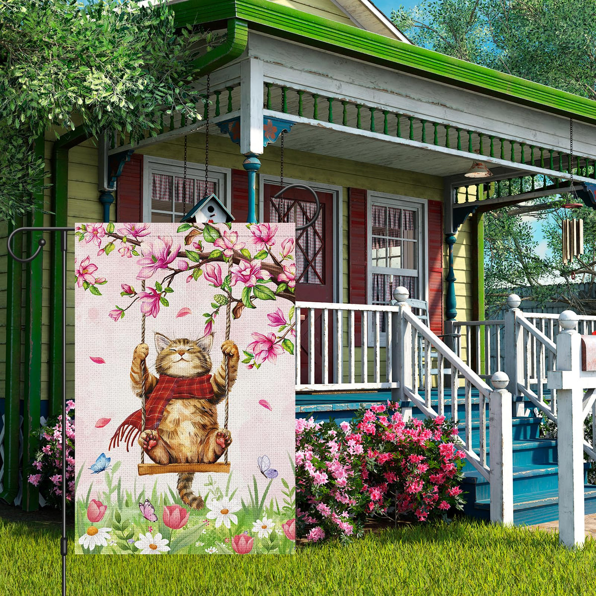 Spring Cute Cat Welcome Garden Flag 12x18 Inch Single-Side Burlap Butterfly Floral Yard Flag