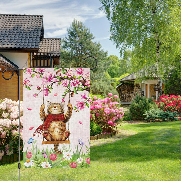 Spring Cute Cat Welcome Garden Flag 12x18 Inch Single-Side Burlap Butterfly Floral Yard Flag