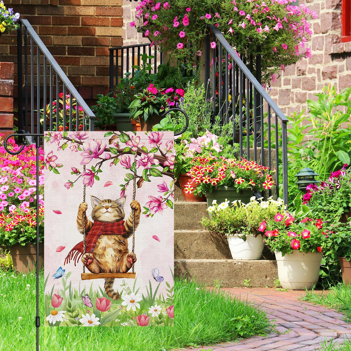 Spring Cute Cat Welcome Garden Flag 12x18 Inch Single-Side Burlap Butterfly Floral Yard Flag