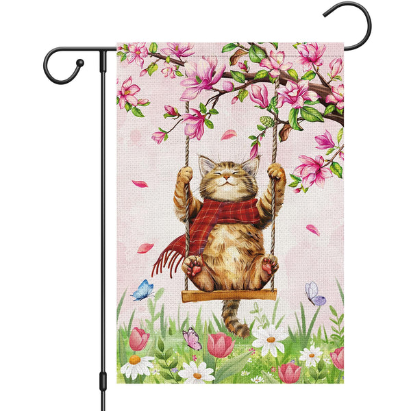 Spring Cute Cat Welcome Garden Flag 12x18 Inch Single-Side Burlap Butterfly Floral Yard Flag