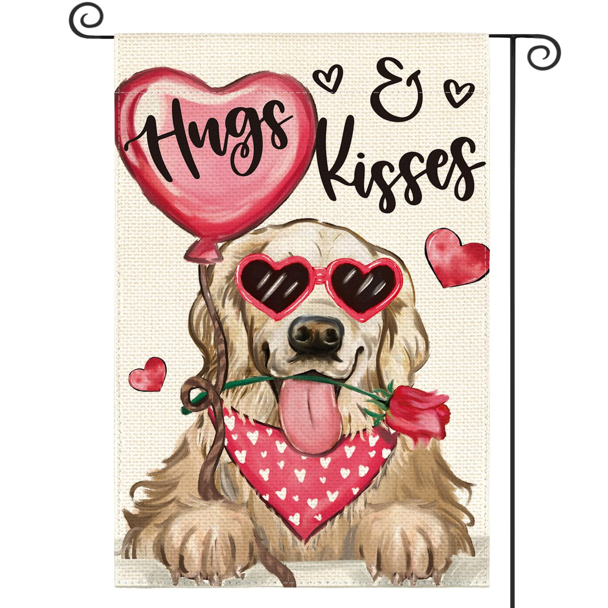 Valentine's Day Dog Garden Flag 12x18 Inch Golden Retriever Hugs Kisses Single-Side Print