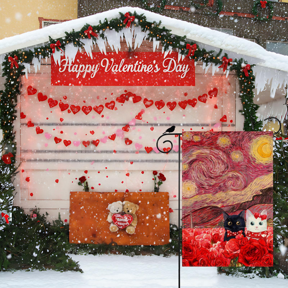 Valentine’s Day Garden Flag Starry Sky Inspired Couple Cats Romantic Rose Yard Flag 12x18 Inch Single-Side