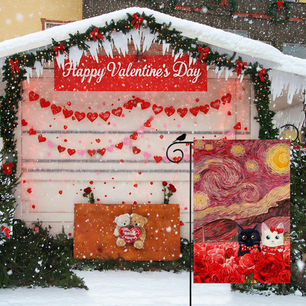 Valentine’s Day Garden Flag Starry Sky Inspired Couple Cats Romantic Rose Yard Flag 12x18 Inch Single-Side