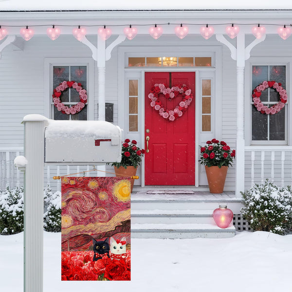 Valentine’s Day Garden Flag Starry Sky Inspired Couple Cats Romantic Rose Yard Flag 12x18 Inch Single-Side