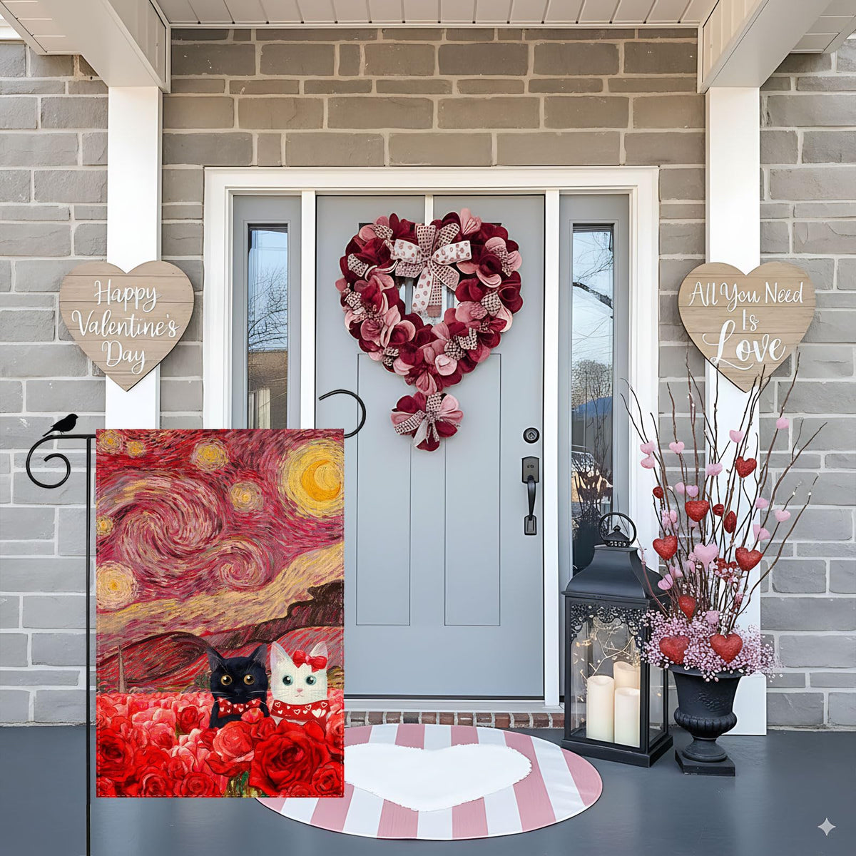 Valentine’s Day Garden Flag Starry Sky Inspired Couple Cats Romantic Rose Yard Flag 12x18 Inch Single-Side
