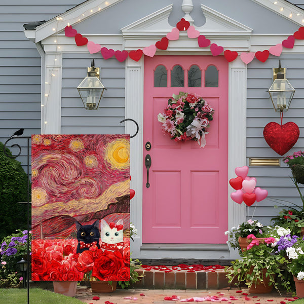 Valentine’s Day Garden Flag Starry Sky Inspired Couple Cats Romantic Rose Yard Flag 12x18 Inch Single-Side