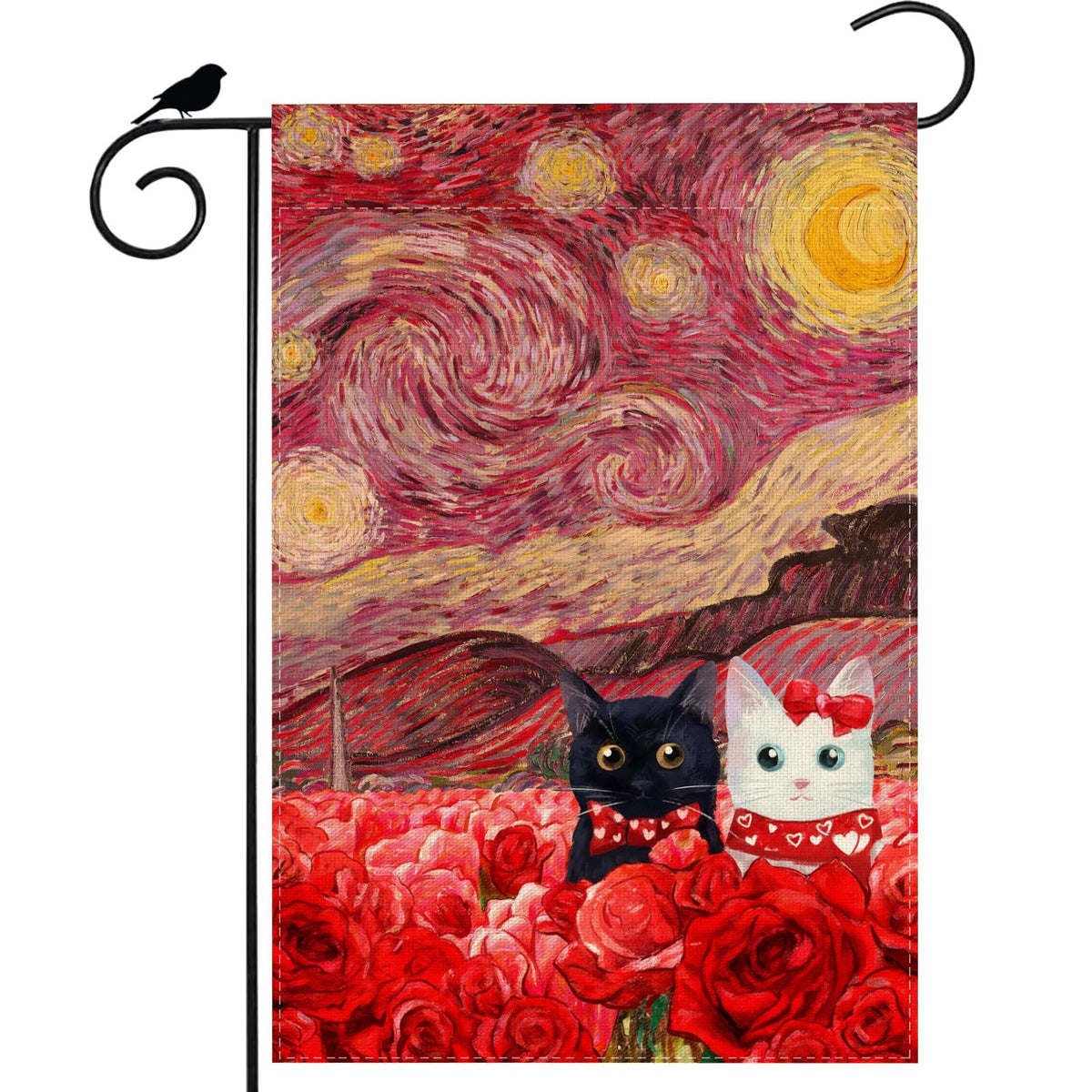 Valentine’s Day Garden Flag Starry Sky Inspired Couple Cats Romantic Rose Yard Flag 12x18 Inch Single-Side